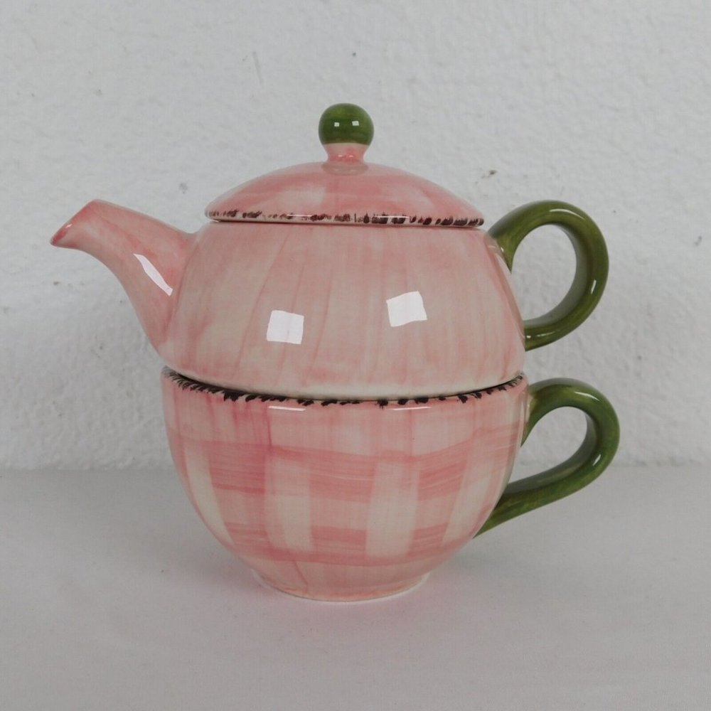 Franciscan Flora Pink Individual Tea Set Cup Pot Lid Wedgewood Gingham Check